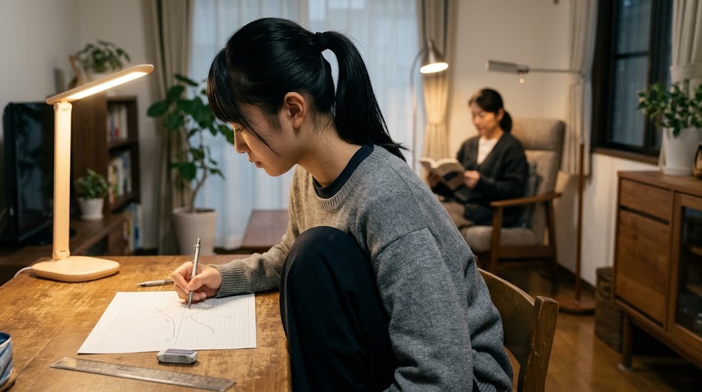 夜の自宅の机で、高校生が方眼紙にグラフを描きながら数学を勉強し、奥で家族が本を読んでいる