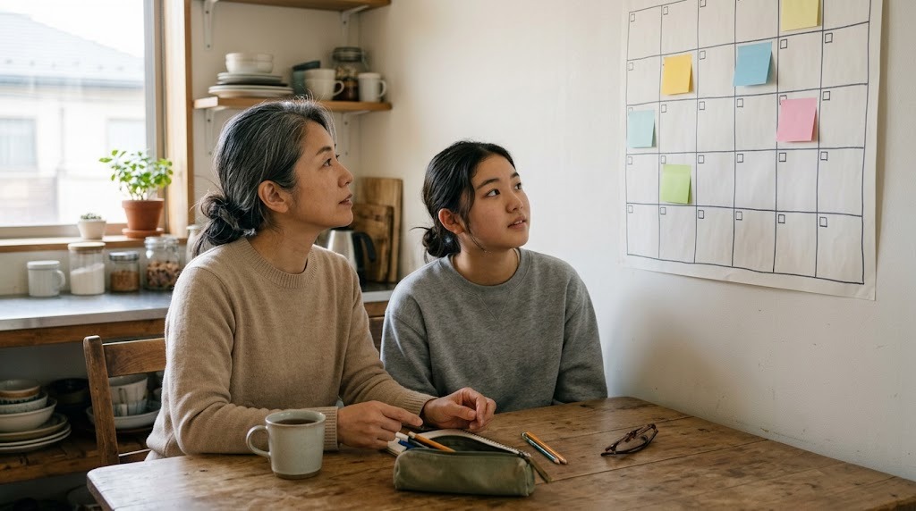 台所のテーブルで、母親と娘が壁に貼った予定表を見上げている