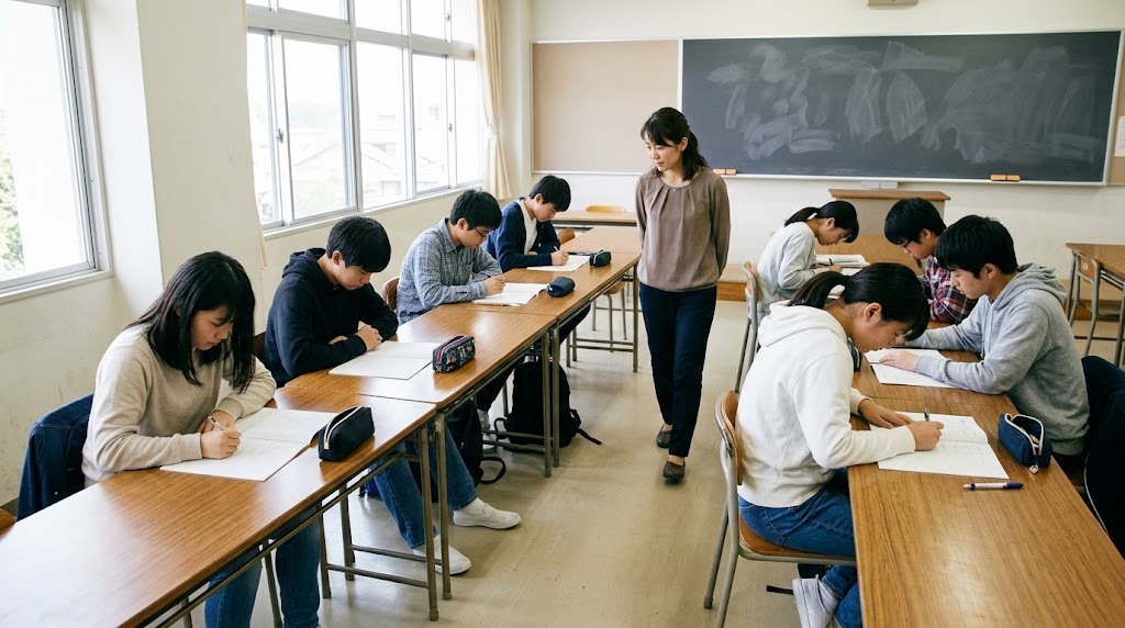 教室で生徒たちが机に向かって課題に取り組み、先生が見回っている