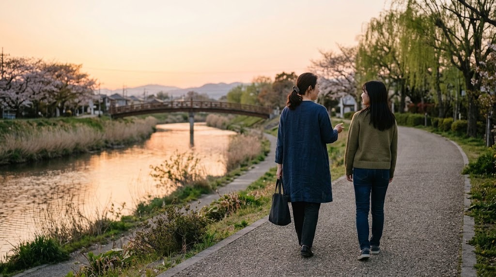夕暮れの川沿いの道を、母親と娘が並んで話しながら歩いている