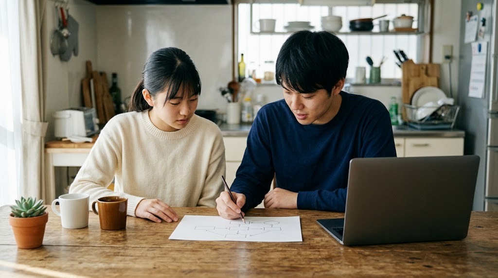 台所のテーブルで、高校生の妹と兄が紙に矢印と四角を書いて計画を立てている