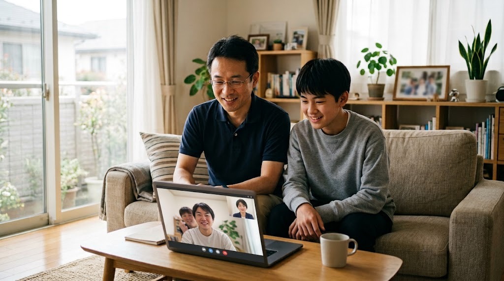 リビングのソファで、父親と息子がノートパソコンでオンラインの相談をしている