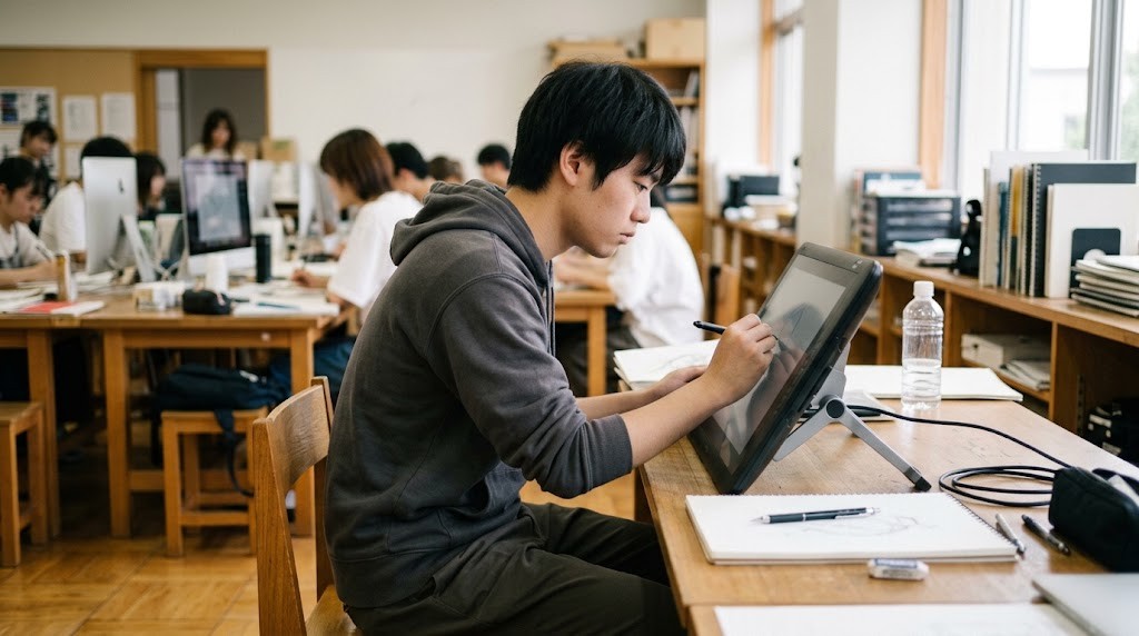 デザイン教室でペンタブレットに絵を描く学生