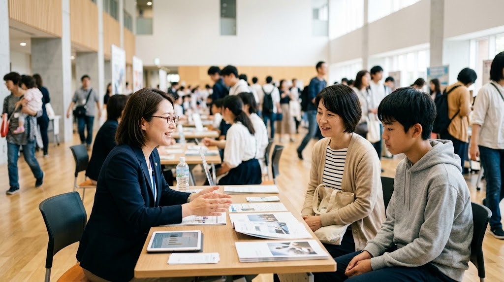 オープンキャンパスの会場で職員の説明を聞く親子