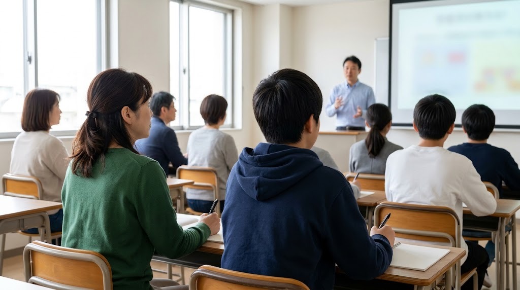 学校の説明会の会場で、親子が並んで座り先生の説明を聞いている