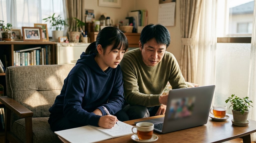 リビングのソファで、父親と娘がノートパソコンでオンライン説明会に参加し、娘がメモを取っている