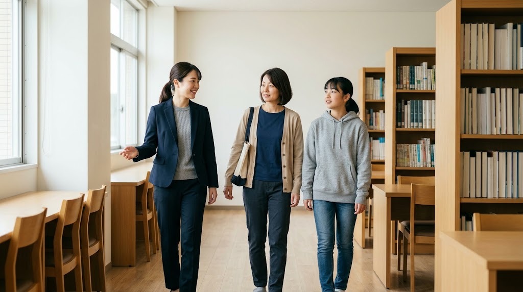 学校の学習スペースで、職員が母親と娘を案内しながら歩いている