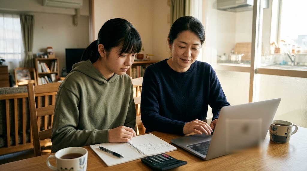 ダイニングで、母親と娘がノートパソコンと家計簿、電卓を前に話している
