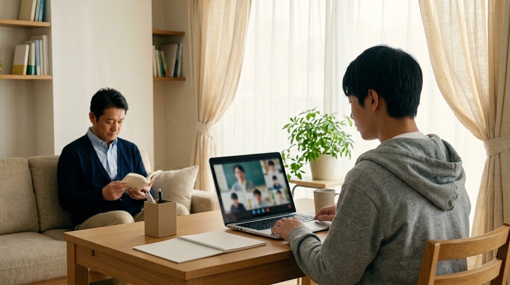 自室で高校生がオンライン授業を受け、奥のソファで父親が本を読んでいる