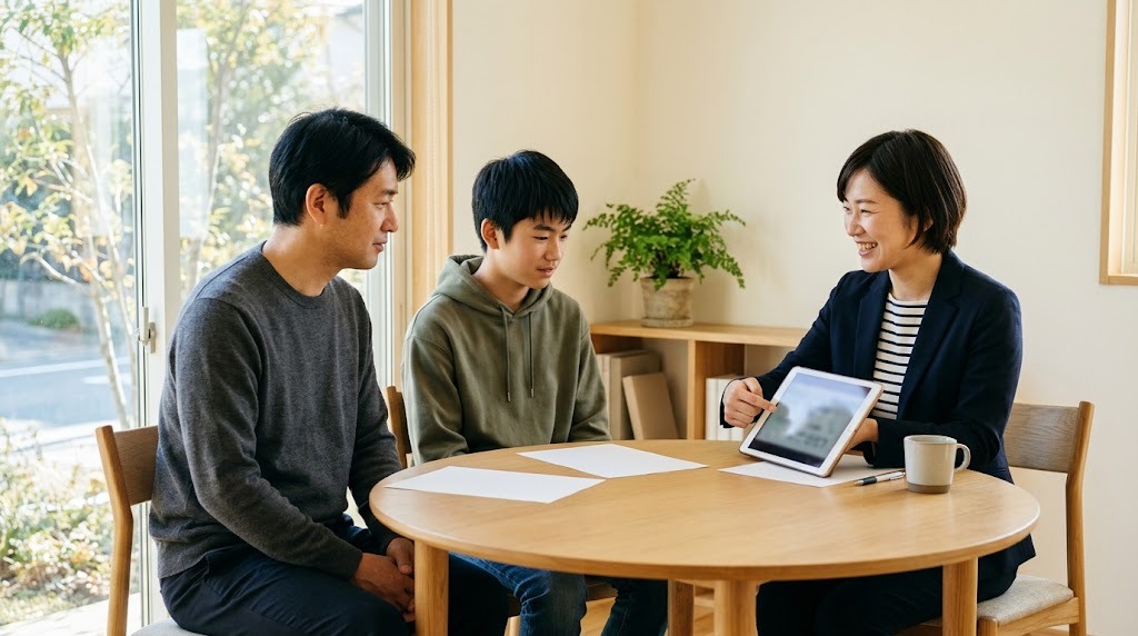 相談室で、父親と息子が職員のタブレットを使った説明を聞いている
