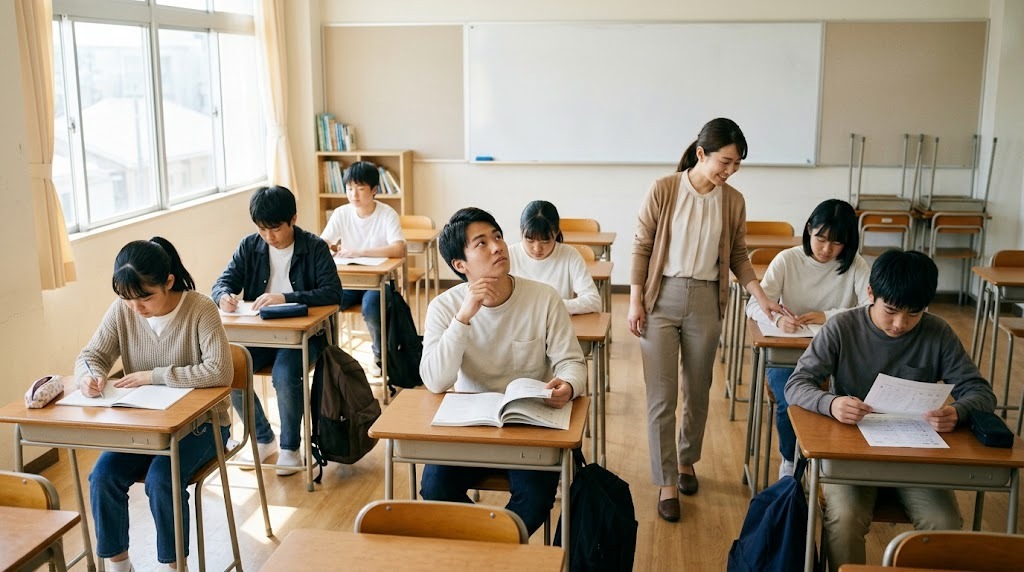 教室で生徒たちが机に向かい、先生が見回っている