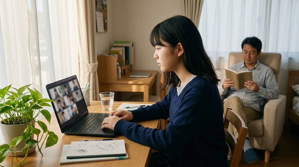 自室で高校生がオンライン授業を受け、奥で父親が本を読んでいる