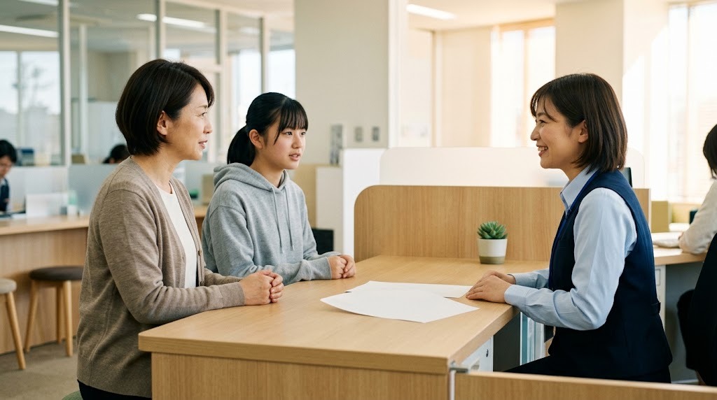 役所の窓口で、母親と娘が職員に相談している