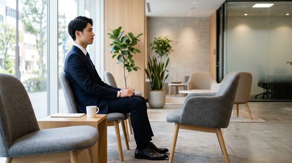 スーツ姿で面接の前に待合スペースに座る若者