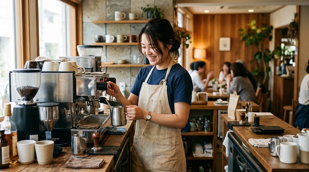 カフェのカウンターで笑顔で飲み物をつくる若者
