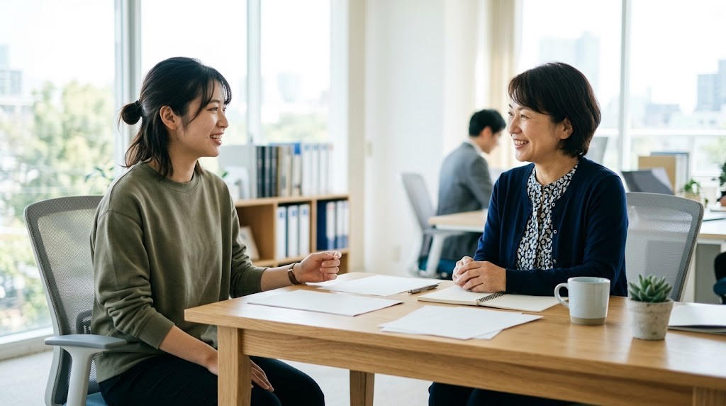 明るいオフィスで進路の相談員と話す若者
