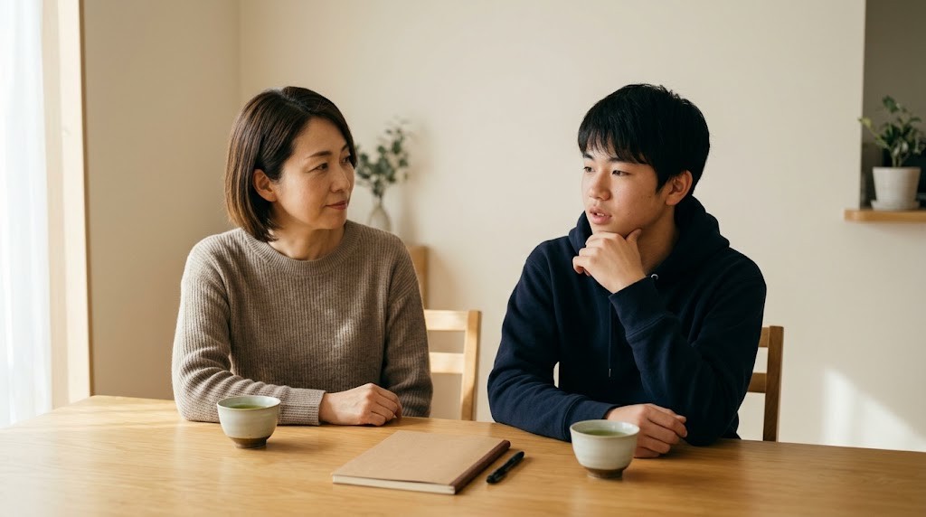母親と高校生の息子がダイニングテーブルで進路について話している様子