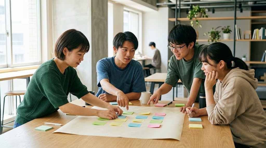 4人の高校生が大きな紙に付箋を並べてプロジェクトを話し合っている様子