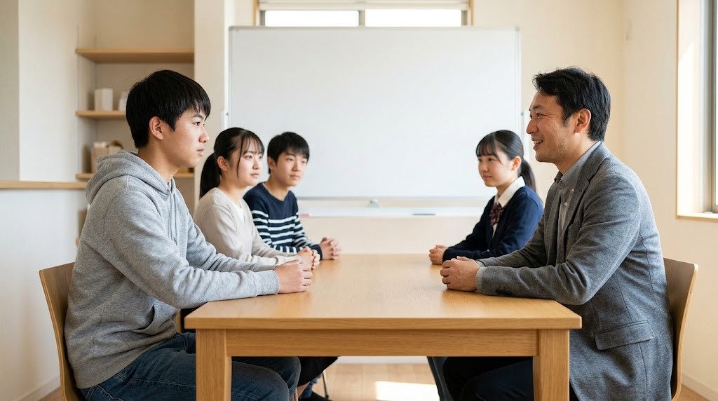 高校生が先生と向かい合って面接の練習をし、同級生が見守っている様子