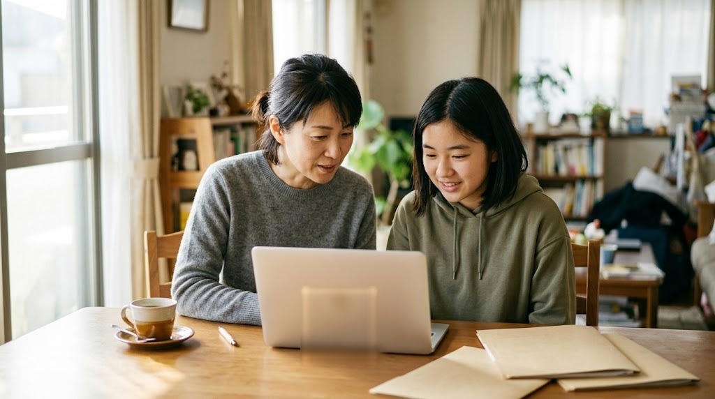 ダイニングで、母親と娘がノートパソコンを一緒に見ている