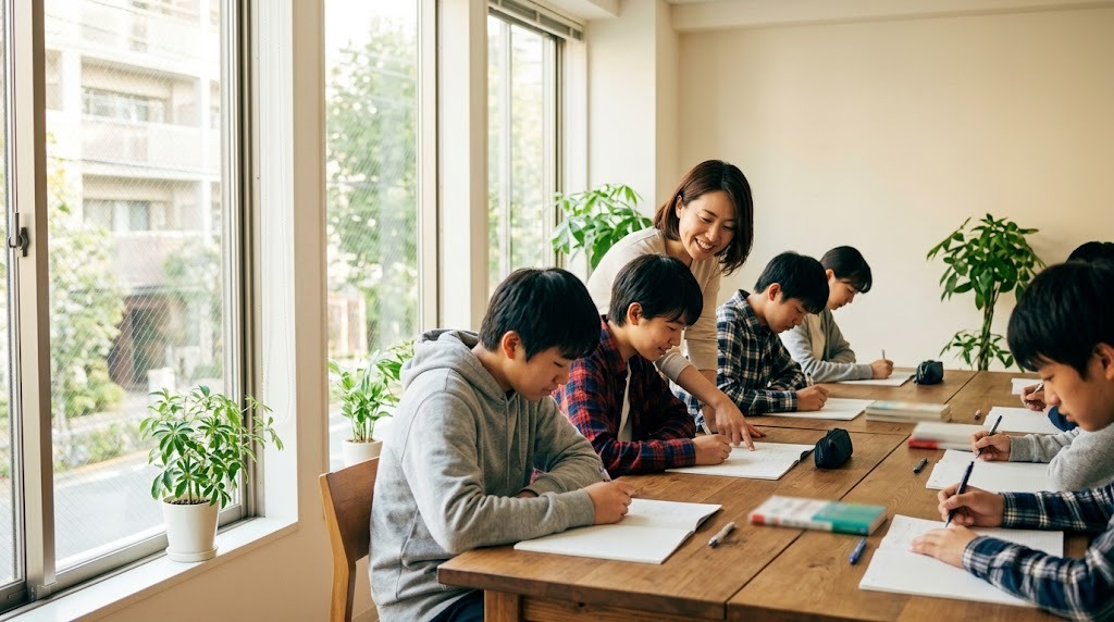 明るい学習スペースで高校生たちがノートに向かい、職員が声をかけている