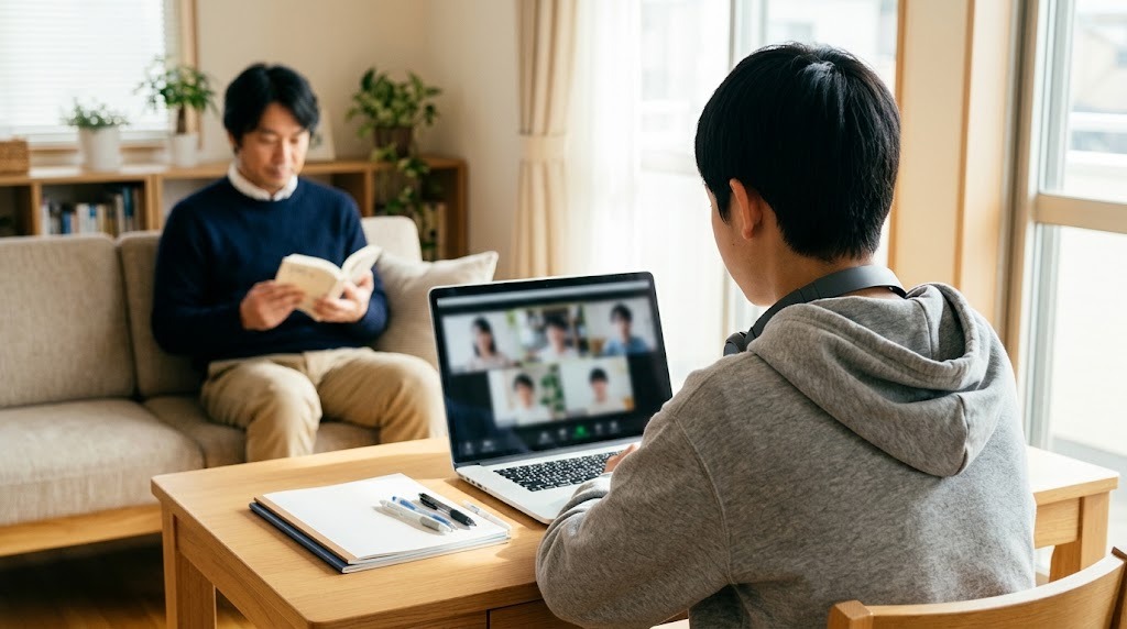 自室で高校生がオンライン授業を受け、奥で父親が本を読んでいる