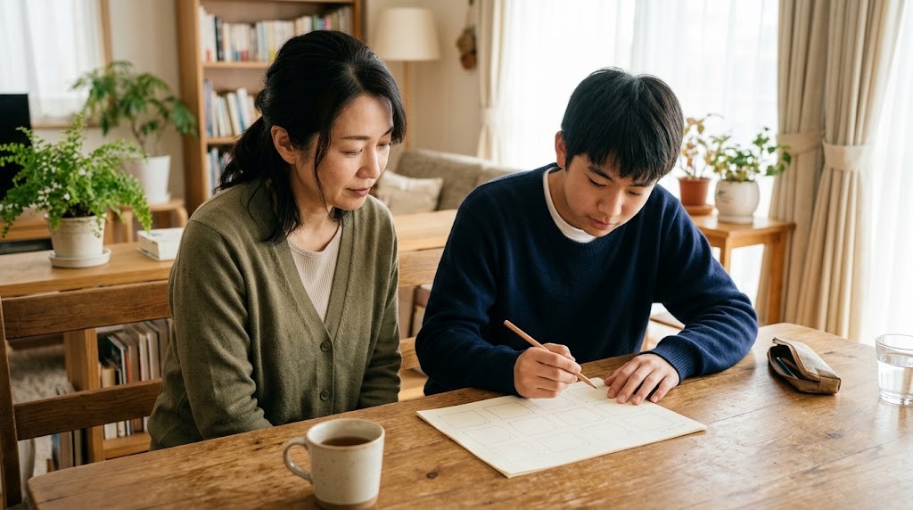 明るいダイニングテーブルで、母親と高校生の息子が紙を前に並んで座っている
