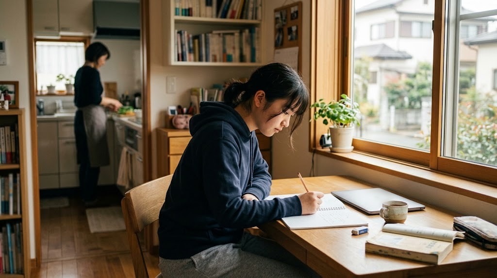 窓辺の机で高校生の娘がノートに書き込み、奥の台所に家族がいる
