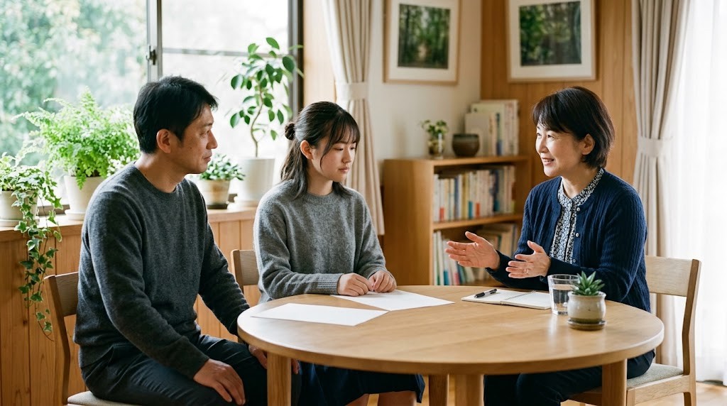 明るい相談室の丸テーブルで、父親と高校生の娘が相談員の説明を聞いている