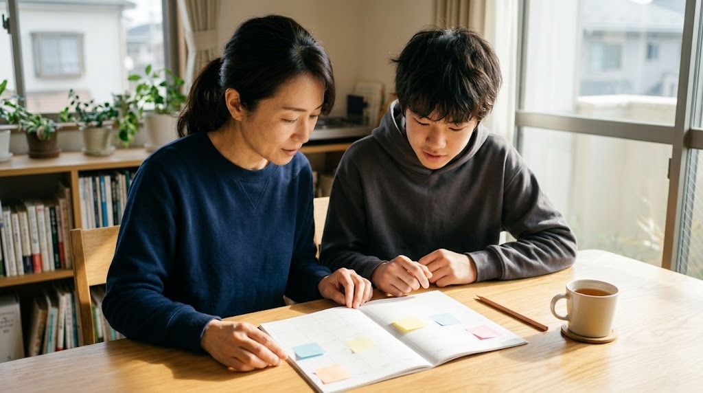 ダイニングで、母親と息子が付せんを貼った手帳を見て計画を立てている