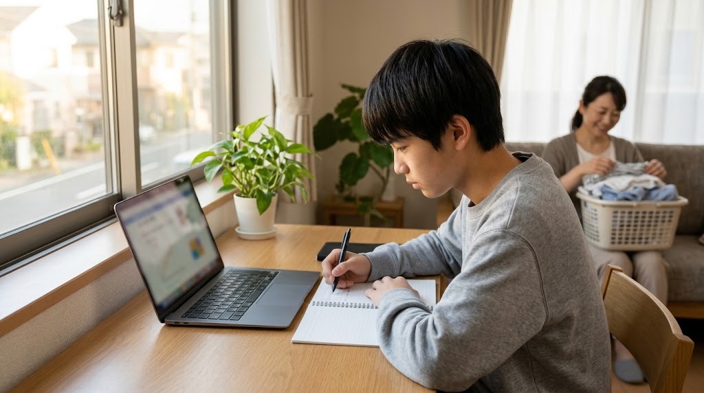 窓辺の机で高校生がノートに書き込み、奥で母親が洗濯物をたたんでいる