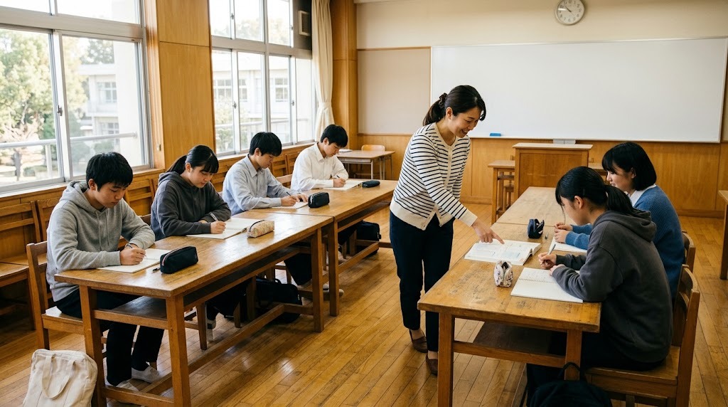 教室で生徒たちが机に向かい、先生が見回っている