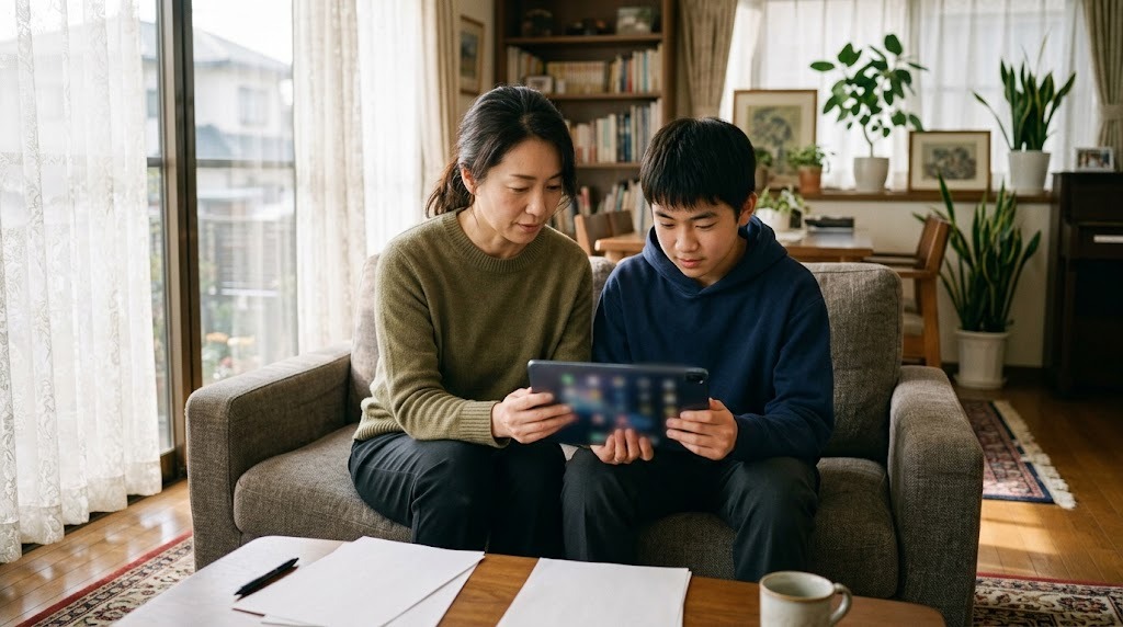 リビングのソファで、母親と息子がタブレットを一緒に見ている