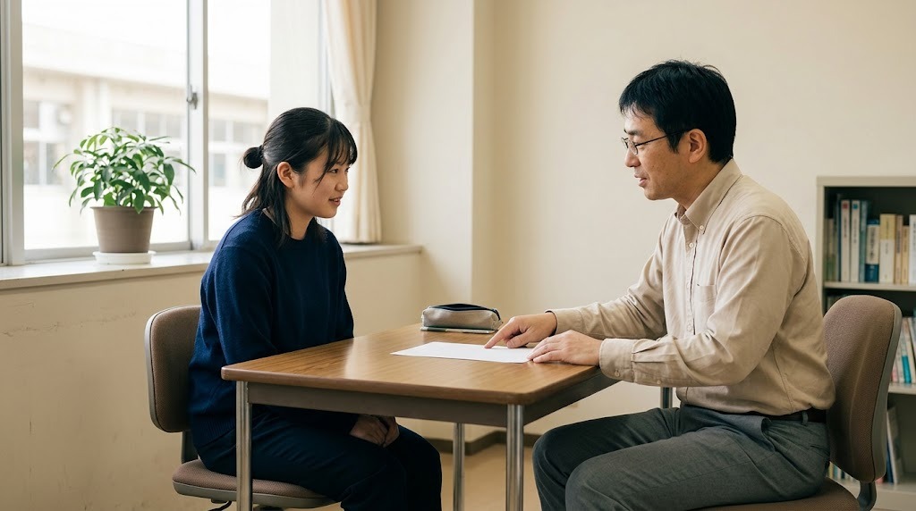 放課後の相談室で、女子生徒が先生の説明を聞いている