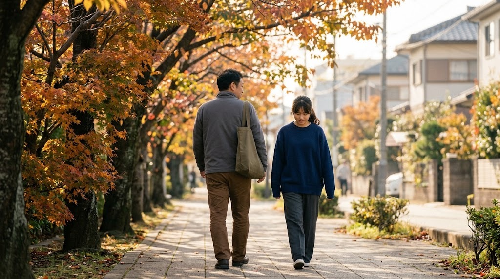秋の並木道を、父親と娘が並んで歩いている