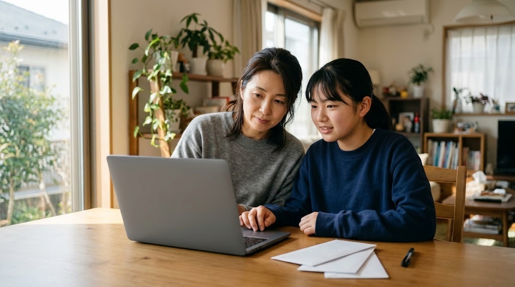 ダイニングテーブルで、母親と娘がノートパソコンと封筒を前に話している
