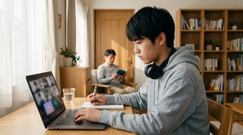 自室で高校生がオンライン授業を受け、奥で父親が本を読んでいる