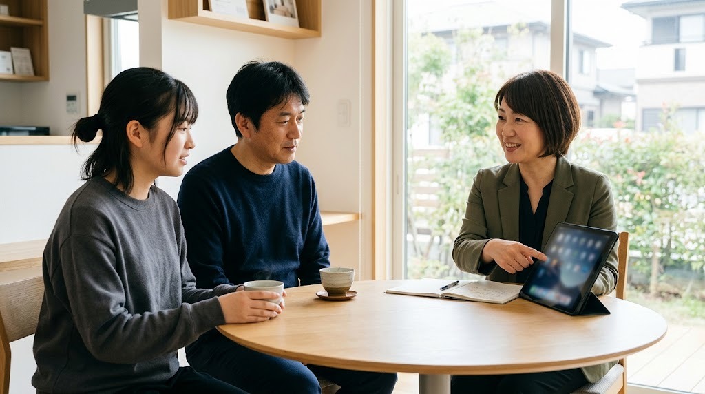 相談室で、父親と娘が職員のタブレットを使った説明を聞いている