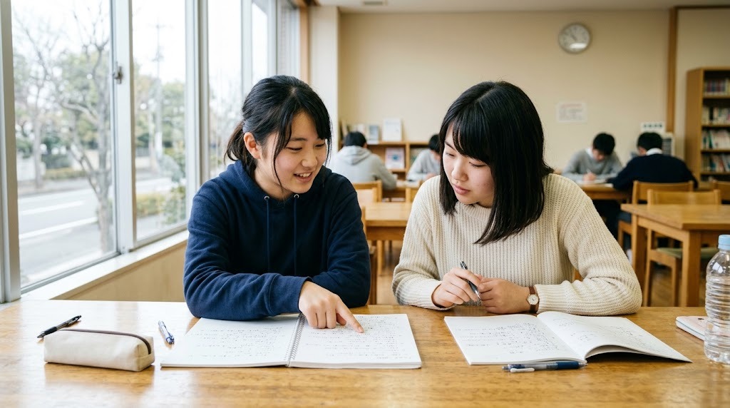 明るい学習室で、2人の生徒がノートを見せ合いながら試験前の確認をしている
