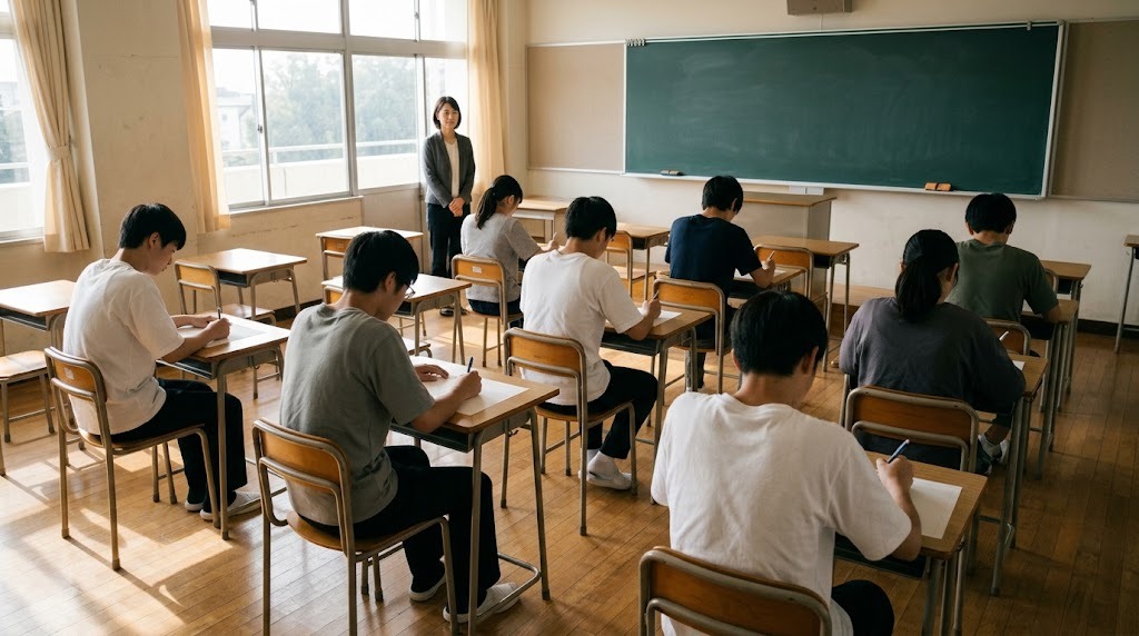 教室で生徒たちが間隔をあけて座り、答案用紙に向かっている