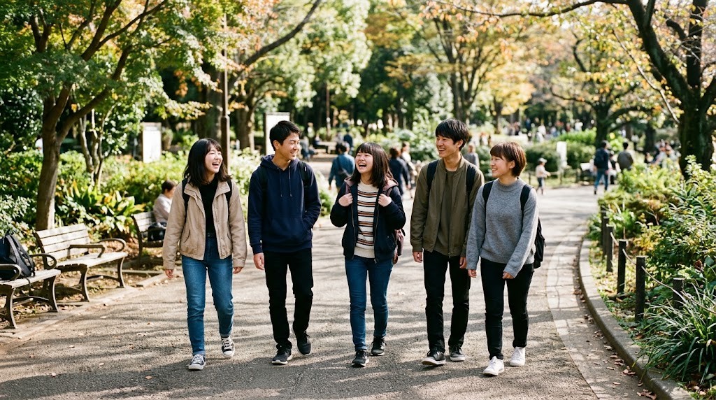 公園の並木道を笑いながら一緒に歩く高校生たち