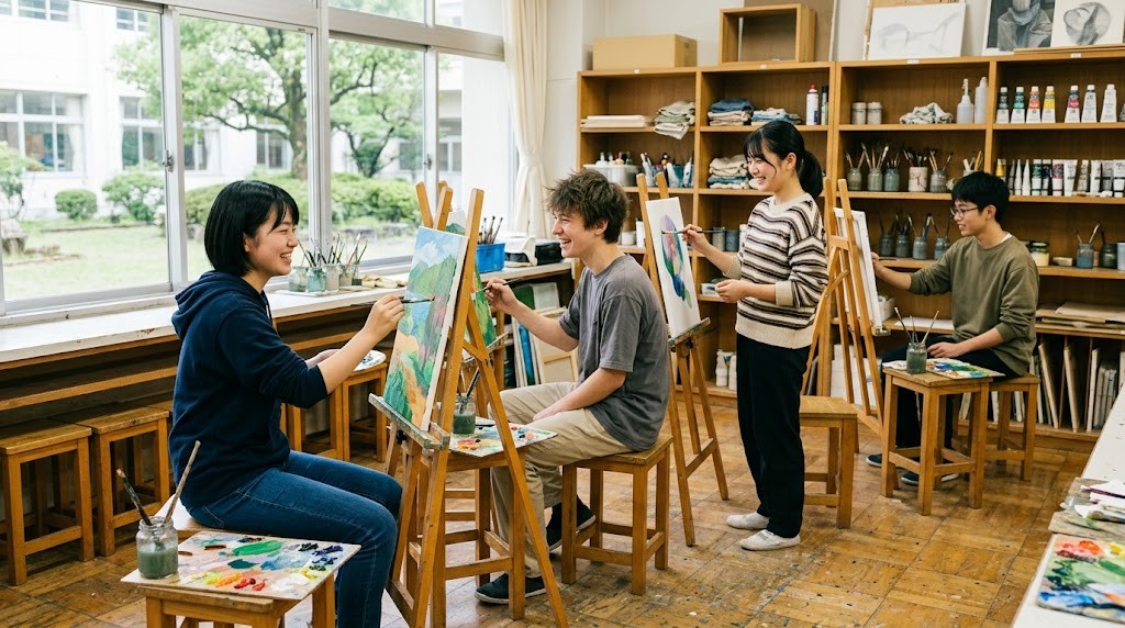 美術室でイーゼルを並べて一緒に絵を描く高校生たち