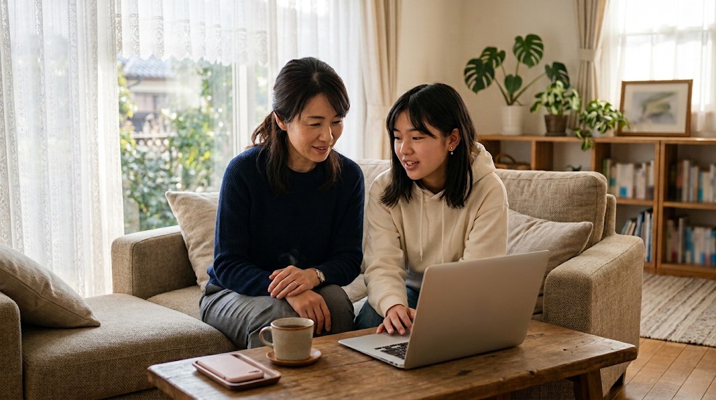 リビングのソファでノートパソコンを見ながら話す母親と高校生の娘