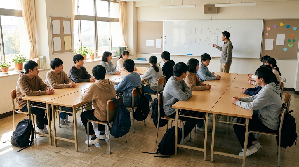 明るい教室で長机に座り、ホワイトボードの前の先生の話を聞く私服の高校生たち