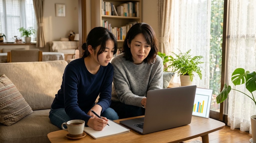 リビングのソファで、母親と娘がノートパソコンのグラフを一緒に見ている
