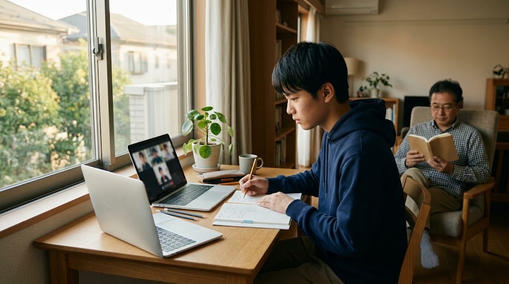窓辺の机で高校生がオンライン授業を受け、奥で父親が本を読んでいる