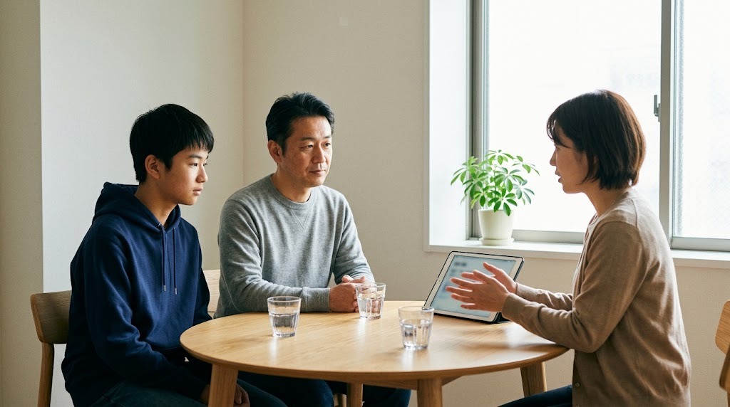 相談室の丸いテーブルで、父親と息子が職員の説明を聞いている