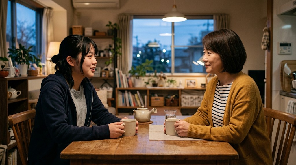 自宅のテーブルで、母親と高校生の娘がお茶を飲みながら向き合って話している