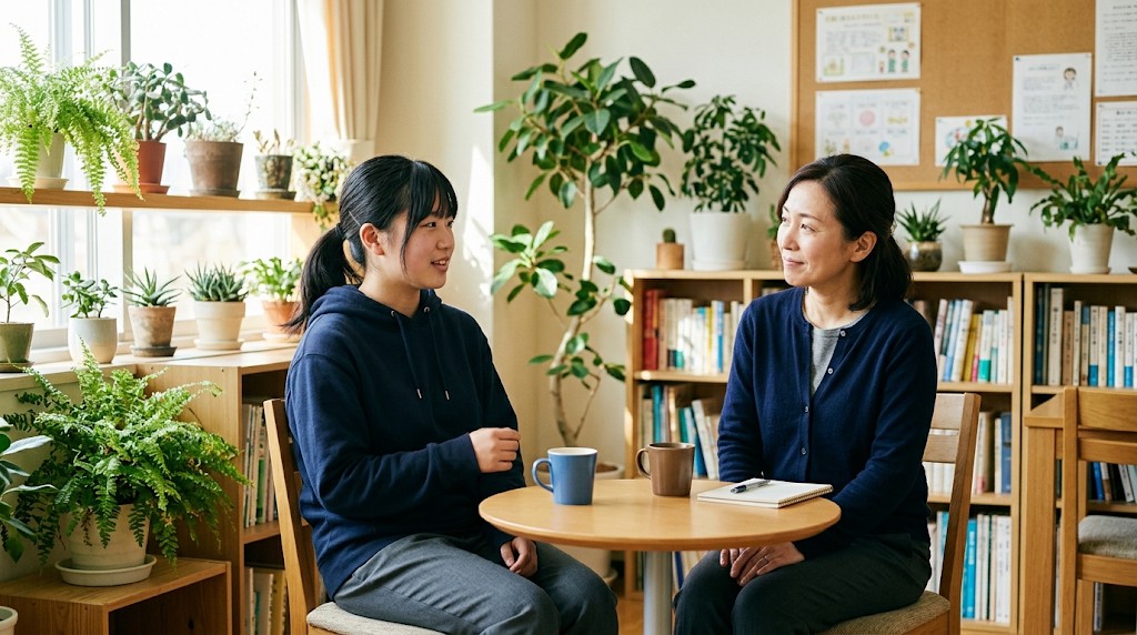 明るい部屋で、高校生がノートパソコンに向かい、家族がそばで見守っている