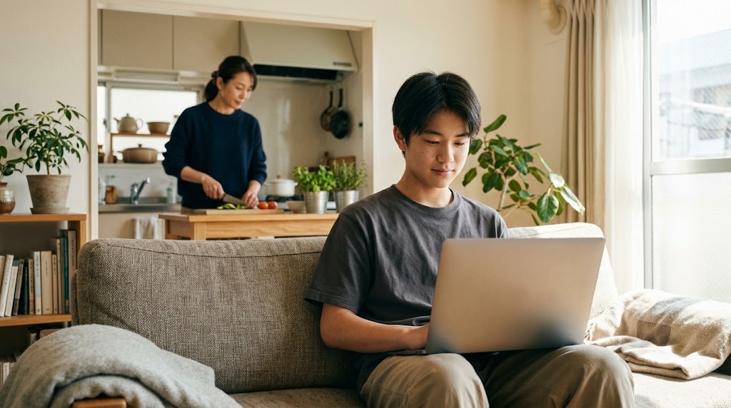 相談室で、保護者と高校生が職員の話を聞いている